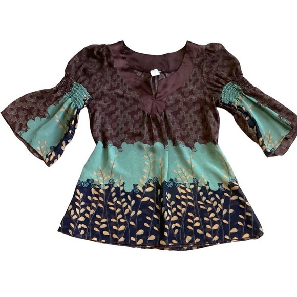 Daytrip Satin Trim & Chiffon 3/4 Smock-Bell Sleeve Top L Brown Green Black 98L - Picture 5 of 6